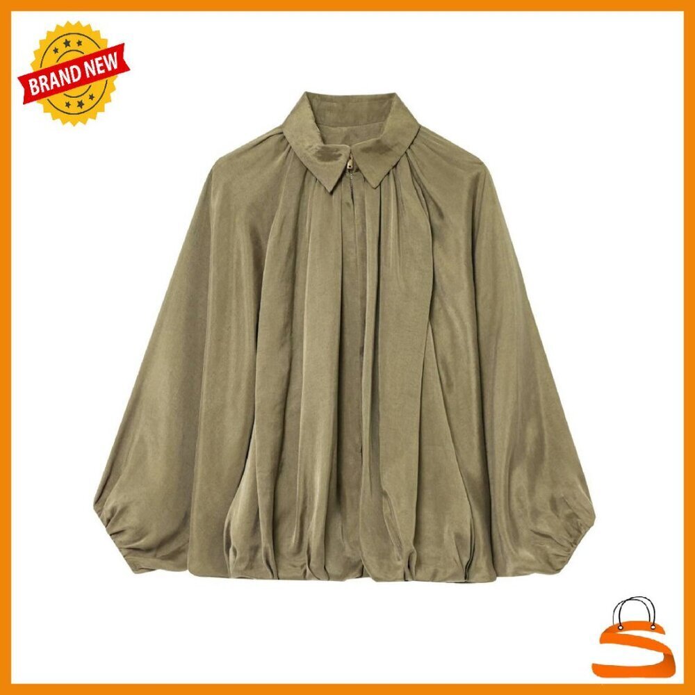 Oversized Puffed Bomber Jacket with Batwing Sleeves and Lapel Collar